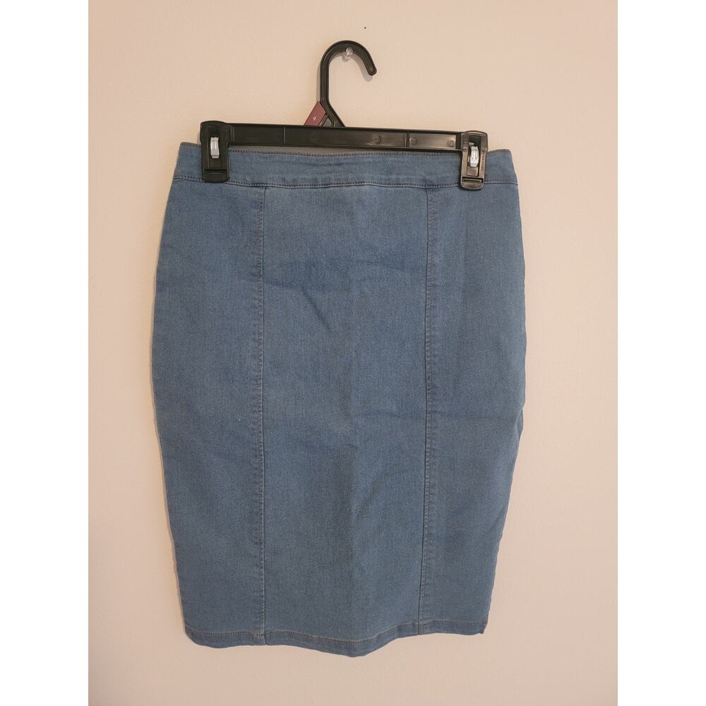 Marilyn Monroe Denim Pencil Skirt Sz M Full Front 2-Way Zip Knee Length Stretchy - Picture 2 of 12